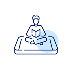 Boy sitting in comfortable clothes reading a book. Digital library app for smartphone. Pixel perfect, editable stroke icon