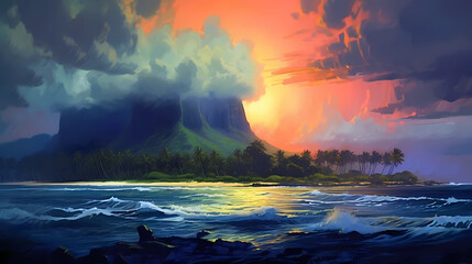 Fototapeta premium Illustration of a beautiful view of Hawaii, USA