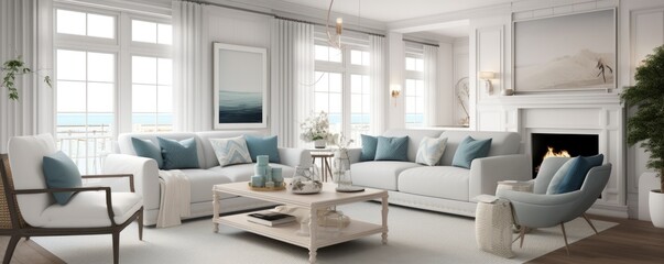 Fototapeta na wymiar Banner - Living room in Coastal/Hamptons design inspired by the beach, design style is characterized by a light and airy color palette with nautical themes. Architecture, Real estate, AI generative