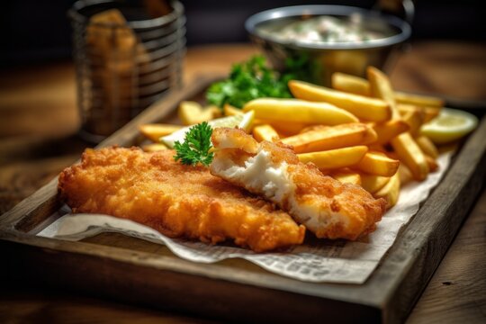 Macro view photography of a tempting fish and chips on a metal tray against a pastel painted wood background. With generative AI technology