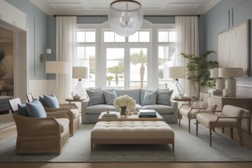 Fototapeta premium Living room in Coastal/Hamptons design inspired by the beach, this design style is characterized by a light and airy color palette with nautical themes. Architecture and Real estate, AI generative