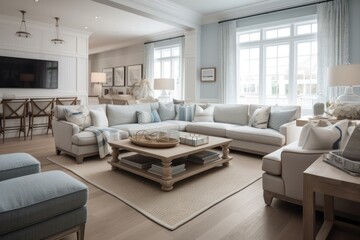 Living room in Coastal/Hamptons design inspired by the beach, this design style is characterized by a light and airy color palette with nautical themes. Architecture and Real estate, AI generative
