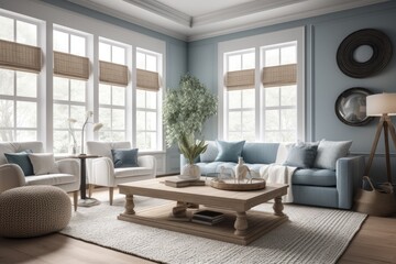 Naklejka na ściany i meble Living room in Coastal/Hamptons design inspired by the beach, this design style is characterized by a light and airy color palette with nautical themes. Architecture and Real estate, AI generative