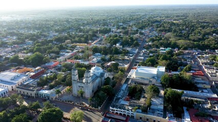 High aerial view of the Cathedral de San Gervasio in early morning in Valladolid, Yucatan, Mexico.