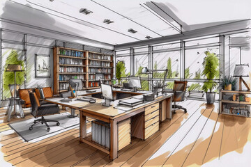 watercolor and sketch, bright interior of a office, hand drawn style illustration, Generative AI
