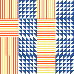 Fototapeta premium Modern abstract geometric vector seamless pattern with simple elements and shapes like square, triangle and rectangle. Colorful mosaic in red, blue, orange, yellow, black with white background.