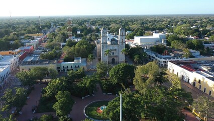Aerial of the Cathedral de San Gervasio after sunrise in Valladolid, Yucatan, Mexico.