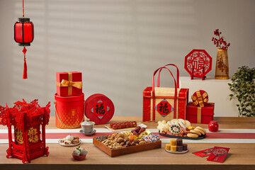 Chinese style festive atmosphere, wooden dining table, various snacks, pastries, lanterns, gifts,...