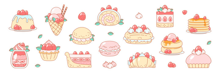 Set of strawberry desserts. Flat cartoon illustration of summer berry desserts like pancakes, macaroon, croissant, ice cream, panna cotta etc. isolated on a white background. Vector 10 EPS.