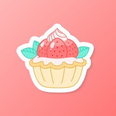 Strawberry dessert sticker. Flat cartoon illustration of a creamy cupcake. Vector 10 EPS.