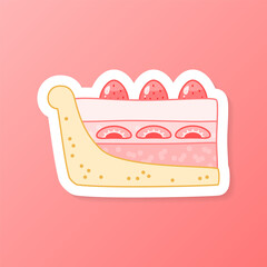 Strawberry dessert sticker. Flat cartoon illustration of a slice of cake with berries. Vector 10 EPS.