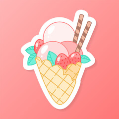 Strawberry dessert sticker. Flat cartoon illustration of a waffle cone with ice cream. Vector 10 EPS.