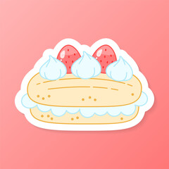 Strawberry dessert sticker. Flat cartoon illustration of a eclair with cream. Vector 10 EPS.