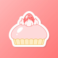 Strawberry dessert sticker. Flat cartoon illustration of a mousse cake with berries. Vector 10 EPS.