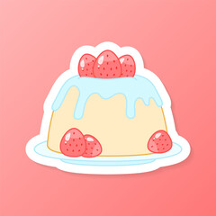 Strawberry dessert sticker. Flat cartoon illustration of a panna cotta with cream. Vector 10 EPS.