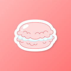 Strawberry dessert sticker. Flat cartoon illustration of a pink macaroon. Vector 10 EPS.