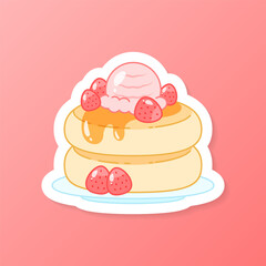 Strawberry dessert sticker. Flat cartoon illustration of a stack of pancakes with syrup, scoop of ice cream and berries. Vector 10 EPS.