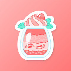 Strawberry dessert sticker. Flat cartoon illustration of an ice cream float glass. Vector 10 EPS.