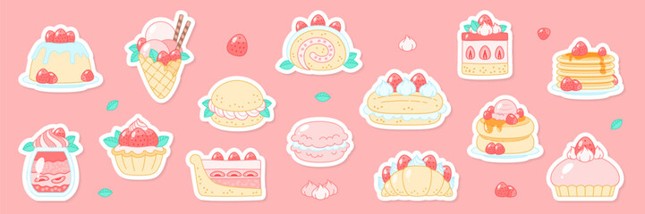 Set of strawberry dessert stickers. Cute cartoon illustration of summer berry desserts like pancakes, macaroon, croissant, ice cream, panna cotta etc.. Vector 10 EPS.