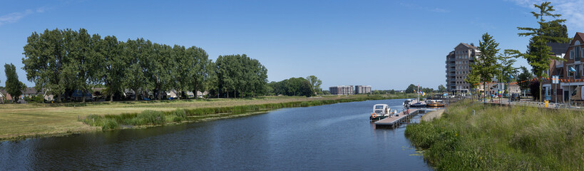 River Vecht at Hardenberg Overijssel Netherlands. Boats. Panorama. 