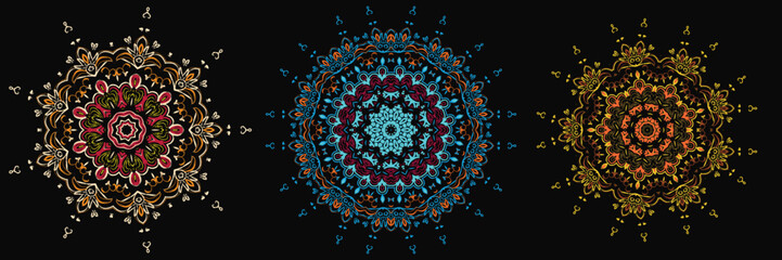 Set of 3 round mandala design in different color themes fordecoration in vintage style on black background. For prints, clothing, t-shirt, holiday goods vector illustrations