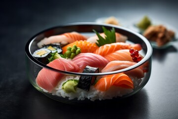 Highly detailed close-up photography of a tempting sushi in a glass bowl against a polished cement background. With generative AI technology