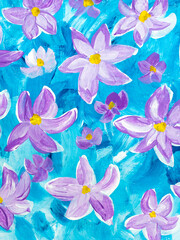Fototapeta na wymiar Abstract purple flowers, original hand drawn, impressionism style, color texture, brush strokes of paint, art background.