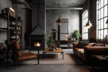 Living room interior in Loft, industrial style design. Architecture and Real estate, AI generative