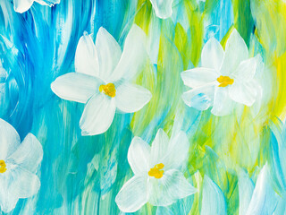 Abstract white flowers on blue , original hand drawn, impressionism style, color texture, brush strokes of paint,  art background.