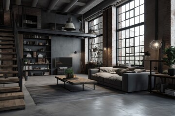 Living room interior in Loft, industrial style design. Architecture and Real estate, AI generative
