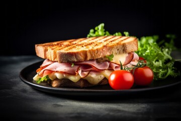 Macro view photography of a juicy sandwiches on a ceramic tile against a polished cement background. With generative AI technology - obrazy, fototapety, plakaty