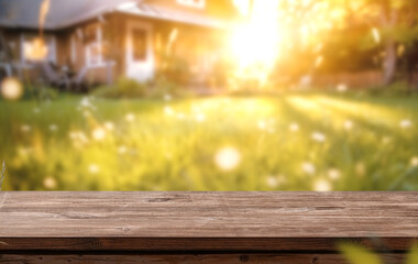 a wooden table space with home backyard, blurred background for advertising template