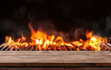 barbecue BBQ grill with flaming fire and ember charcoal on black background, wooden table - 610968797