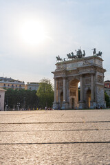 Fototapeta na wymiar Milan, Italy - May 06 2023: Milan city gate Porta Sempione in sunny weather