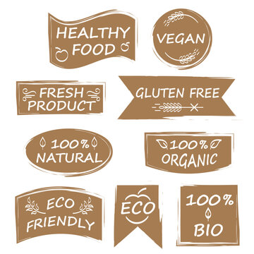 Vegan, natural, organic food. Set of icons and emblems for food packaging, restaurants, shops, marketing. Vector hand drawn healthy food emblems.