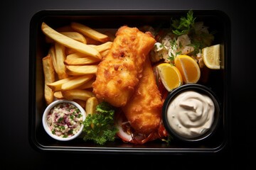 Conceptual close-up photography of a tempting fish and chips in a bento box against a rusted iron...