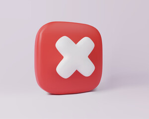 3d render icon of Red cross checkmark button. Cancel sign