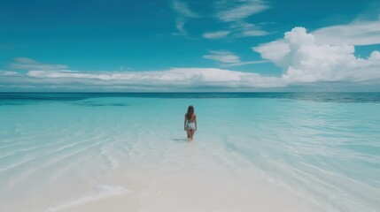 A young woman walks along the sandy seashore. The sea sand coast. Summer vacation and relaxation at the sea. Generative AI
