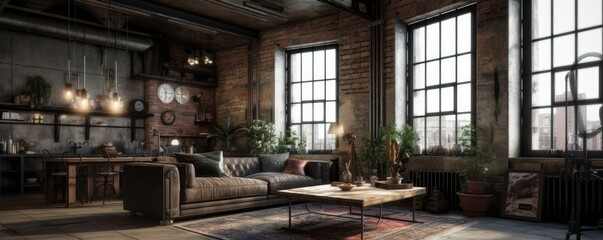 Fototapeta premium Banner - Living room interior in Loft, industrial style design. Architecture and Real estate, AI generative