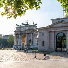 Milan, Italy - May 06 2023: Milan city gate Porta Sempione in sunny weather