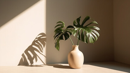 Modern summer minimal of plant in sunlight with long shadows on beige wall background, copy space interior lifestyle Mediterranean scene