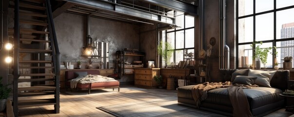 Obraz na płótnie Canvas Banner - Living room interior in Loft, industrial style design. Architecture and Real estate, AI generative