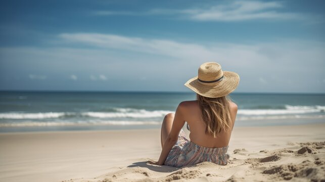 A young woman in a hat is sitting on the sandy seashore, a view from the back. The sea sand coast. Summer vacation and relaxation at the sea. Generative AI