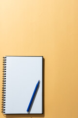 Close up of notebook and blue marker with copy space on orange background