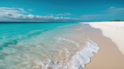 Fototapeta na wymiar Empty sea coast with white sand and wave. The shore of paradise Island. Summer vacation at the sea. Generative AI