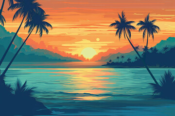 Beautiful sunset over the sea illustration in flat style
