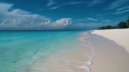 Fototapeta na wymiar Empty sea coast with white sand and wave. The shore of paradise Island. Summer vacation at the sea. Generative AI