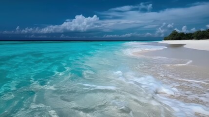Naklejka na ściany i meble Empty sea coast with white sand and wave. The shore of paradise Island. Summer vacation at the sea. Generative AI