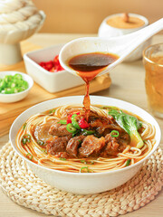 Chinese beef noodles, street food, delicious breakfast