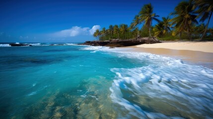 Palm trees on the shore of the azure sea with white sand. Beach resort on a tropical paradise island, vacation by the sea. Generative AI